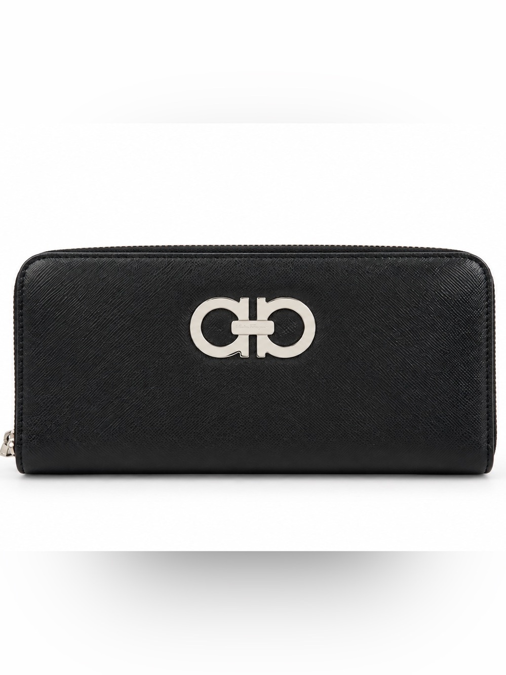Salvatore Ferragamo Black Leather Zip-Around Wallet with Gancini Hardware